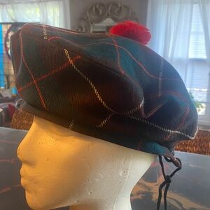 Mens Vintage Concordia Canada Beret Cap Hat Wool Plaid Tam Red Pom Pom